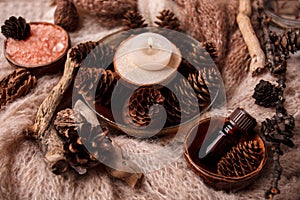 Wood scents for winter time aromatherapy. Pine cones, candles, essential oil bottles, top view. Spa relax winter concept, copy