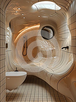 Wood sculpture toilet, sink, and shower in a bathroom with plumbing fixtures