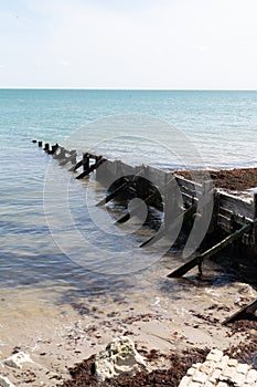 Wood Seawall coastline wooden barricade for breeze blade in beach sea