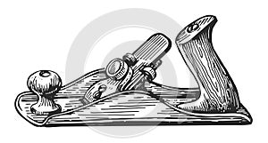 Wood shaving tool sketch. Carpenter planer, jointer in vintage engraving style. Carpentry, workshop vector illustration