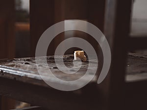 wood shavings on an old retro chair. woodworking concept. desktop wallpaper. top quality photo