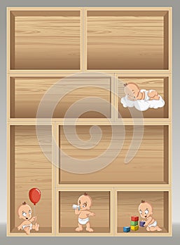 Wood shelf with baby wearing diaper.