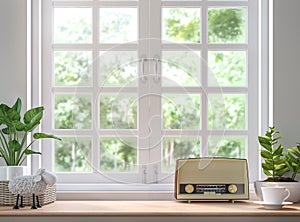 Wood shelf located by the window 3d rendering image