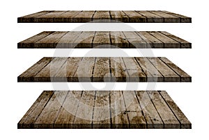 Wood shelves table top collection isolated on white background. Clipping path include in this image.