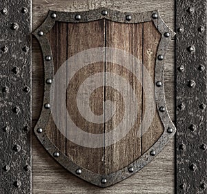 Wood shield on medieval castle gate 3d illustration