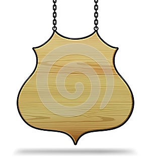 Wood shield sign board hanging on chains isolated on white background