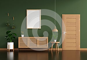 Wood sideboard in green living room with frame mock up, 3D rendering