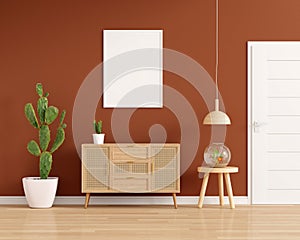 Wood sideboard in living room with frame mock up, 3D rendering