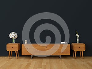 Wood sideboard in living room for mockup, 3D rendering