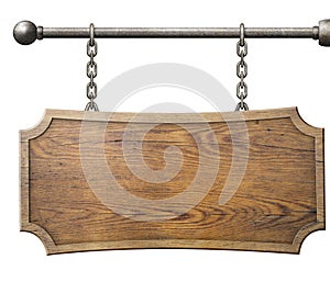 Wood sign hanging on chain isolated