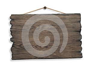 Wood sign hanging on rope and nail isolated photo