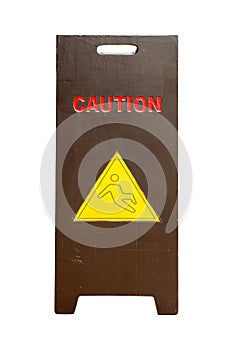Wood sign showing warning of caution wet floor