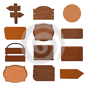 Wood signboard wooden panels vector illustration. Old wooden banner blank cartoon sign boards isolated on white vector.