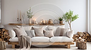 Wood slab coffee table, sofa with beige pillows near fireplace against white wall with copy space. Scandinavian home interior