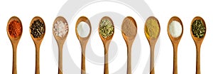 Wood spoon and various spices