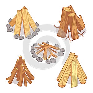 Wood stacks and hardwood firewood, wooden logs cartoon vector set