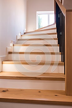 Wood staircase inside contemporary white modern house.