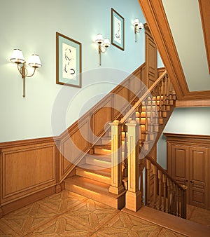 Wood stairs in the modern house.