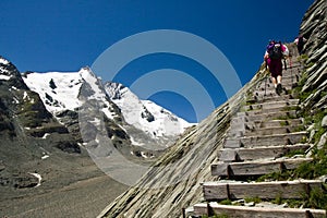 Wood stairs to Grossglockner glacier, Alps