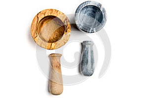 Wood and stone mortar and pestle. on white background