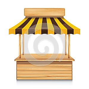 Wood street stall with yellow and brown awning on white background