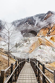 Wood structure walk way of Noboribetsu Jigokudani Hell Valley: The volcano valley got its name from the sulfuric smell.