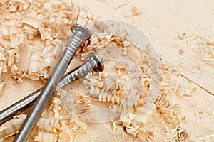 Wood surface, shavings and nails