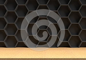 Wood table and black hexagons background photo