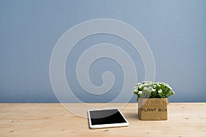 Wood table with blank screen smartphone and dwarf tree on flower pot.