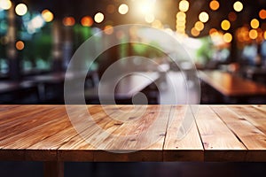 Wood table on blur of cafe coffee shop bar background