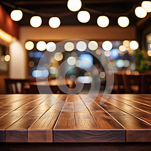 wood table on blur of cafe, coffee shop, bar, background - can used for display or montage your products