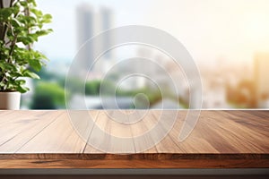 Wood table with blurred modern apartment interior background, Empty wooden tabletop with blurred living room background