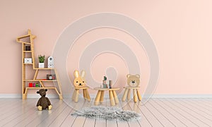 Wood table and chair in child room, 3D rendering