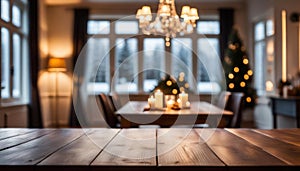 Wood table with christmas room with winter view and copy space