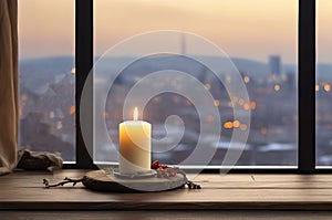 Wood Table with Cityscape View, Candle, and Branch for a Cozy Atmosphere with Ample Copy Space.