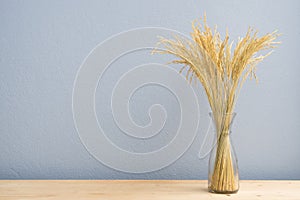 Wood table with dried golden rice tree on glass bottle and blue cement wall.