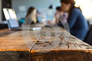 wood table edge, soft focus customers using laptops behind
