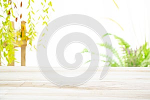 Wood table  with garden background