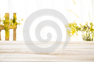Wood table  with garden background