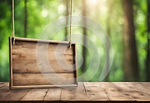 Wood table with hanging wooden sign on green forest blurred background