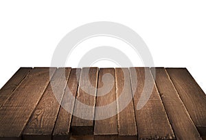 Wood table in perspective on white background