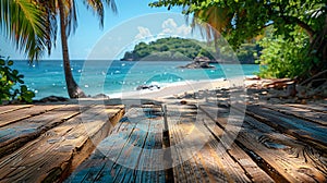 Wood table with sea and coconut tree background, Summer Travel Vacation Background AI generated