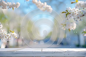 Wood table soft spring background.