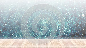 Wood table top on abstract light christmas bokeh background for design