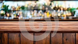 wood table top bar with blur background. Wood table top Bar with blur light bokeh in dark night cafe