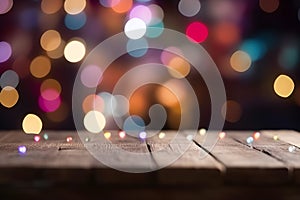 Wood Table Top in Blur Background color bokeh with empty copy space