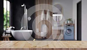 Wood table top on blur bathroom,Empty tabletop for product display with blurred bathroom