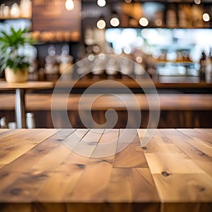 Wood table top with blur coffee shop, cafe or restaurant background, Table Top And Blur Interior of Background