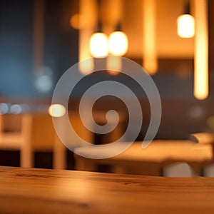 Wood table top with blur coffee shop, cafe or restaurant background, Table Top And Blur Interior of Background