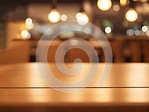 Wood table top with blur coffee shop, cafe or restaurant background, Table Top And Blur Interior of Background